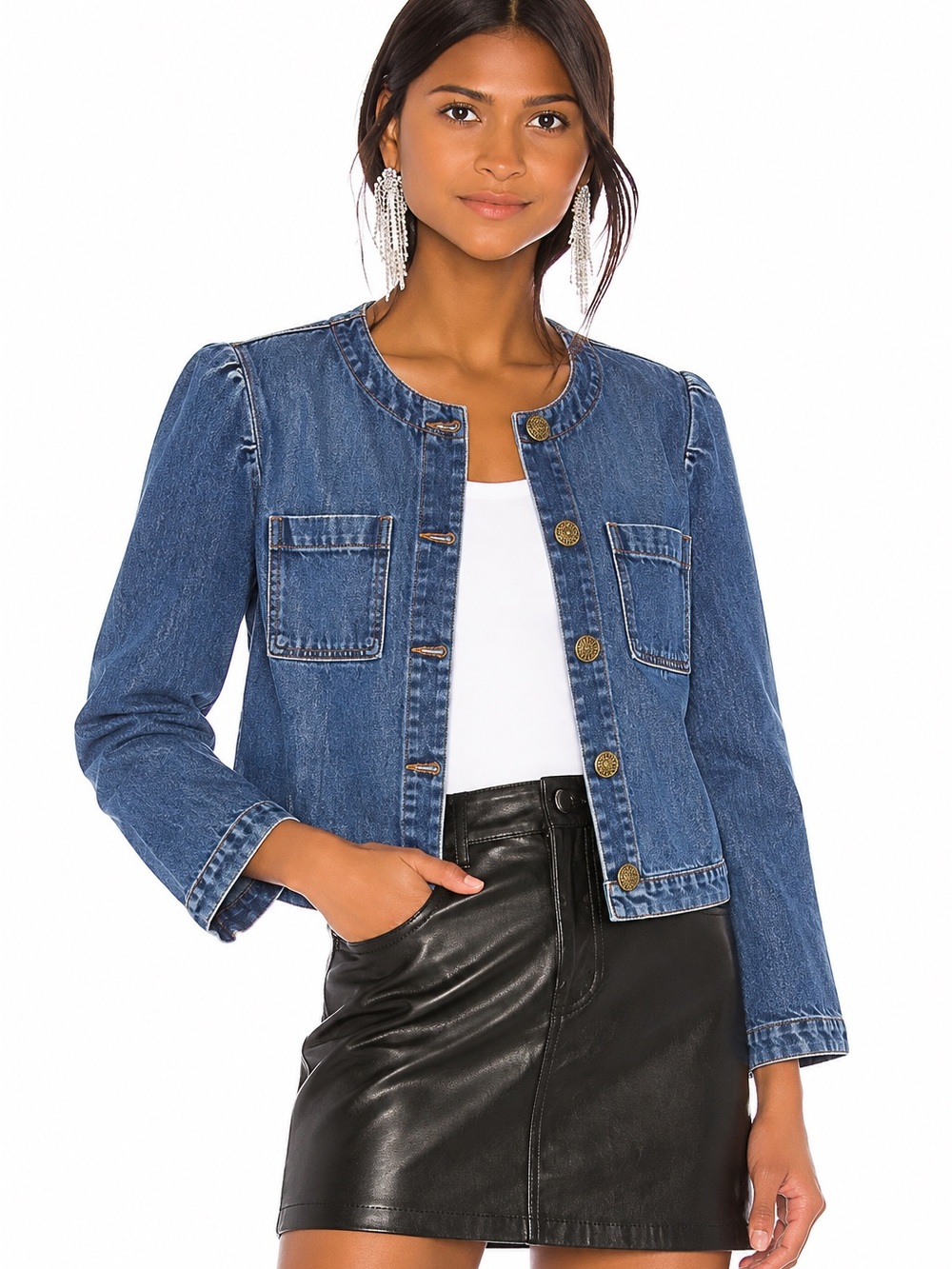 FRAME Cleopatra Collarless Denim Jacket Size Large Blue Button Front